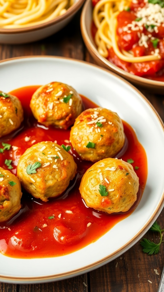 Baked Zucchini Meatballs Recipe Baked zucchini meatballs on a plate with marinara sauce and spaghetti, garnished with parsley.